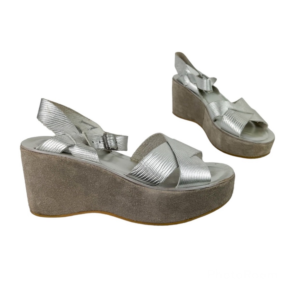 Kork-Ease Ava Metallic Silver Wedge Sandals Sz 7 Strappy Leather